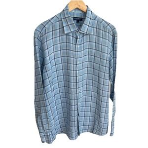 Peter Millar Linen Shirt Mens Lg Long Sleeve Button Up Plaid Pockets Blue Beach